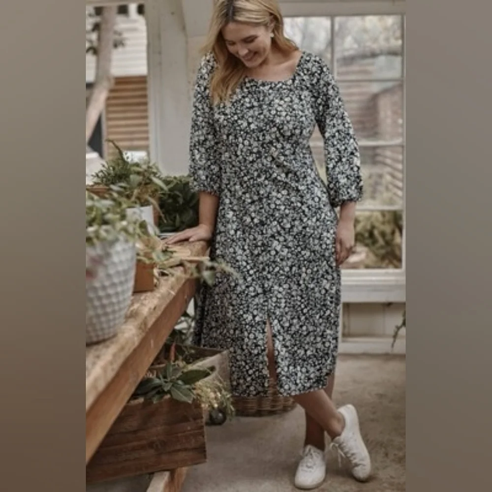 J. Jill Black & White Floral Midi Dress - Picture 1 of 8
